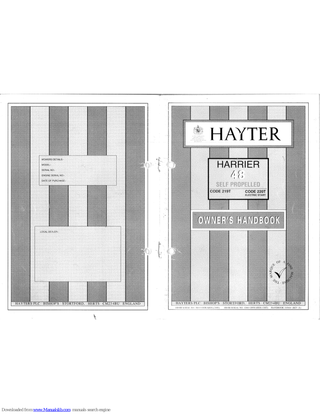 Hayter Harrier 48 219T, Harrier 48 220T Owner's Handbook Manual