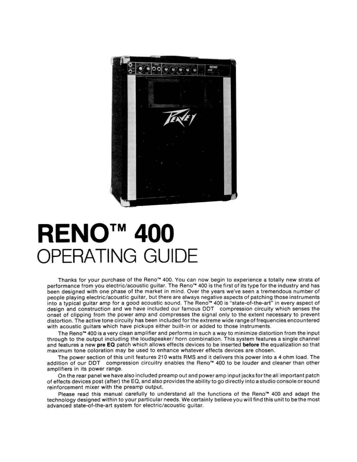 Peavey RENO 400 Operating guide