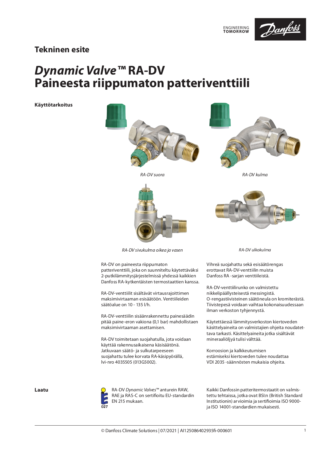 Danfoss RA-DV Data sheet