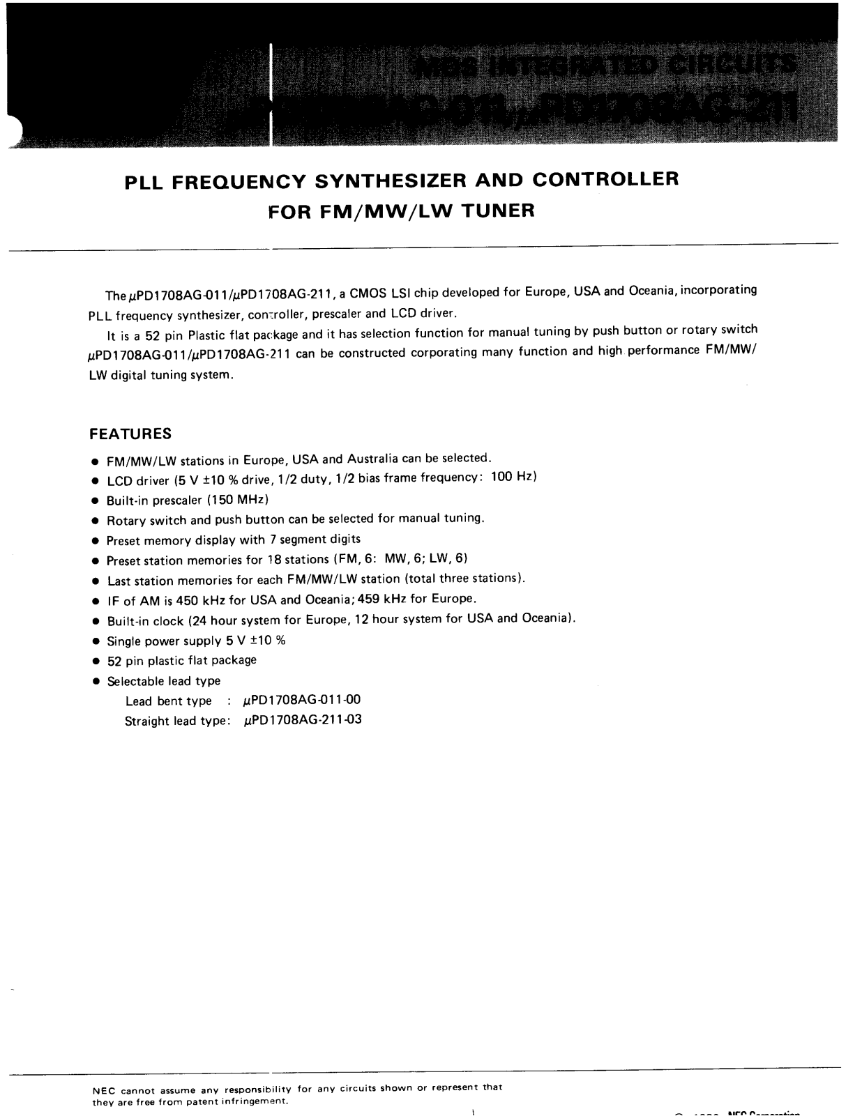 NEC uPD1708AG-211, uPD1708AG-011 Datasheet