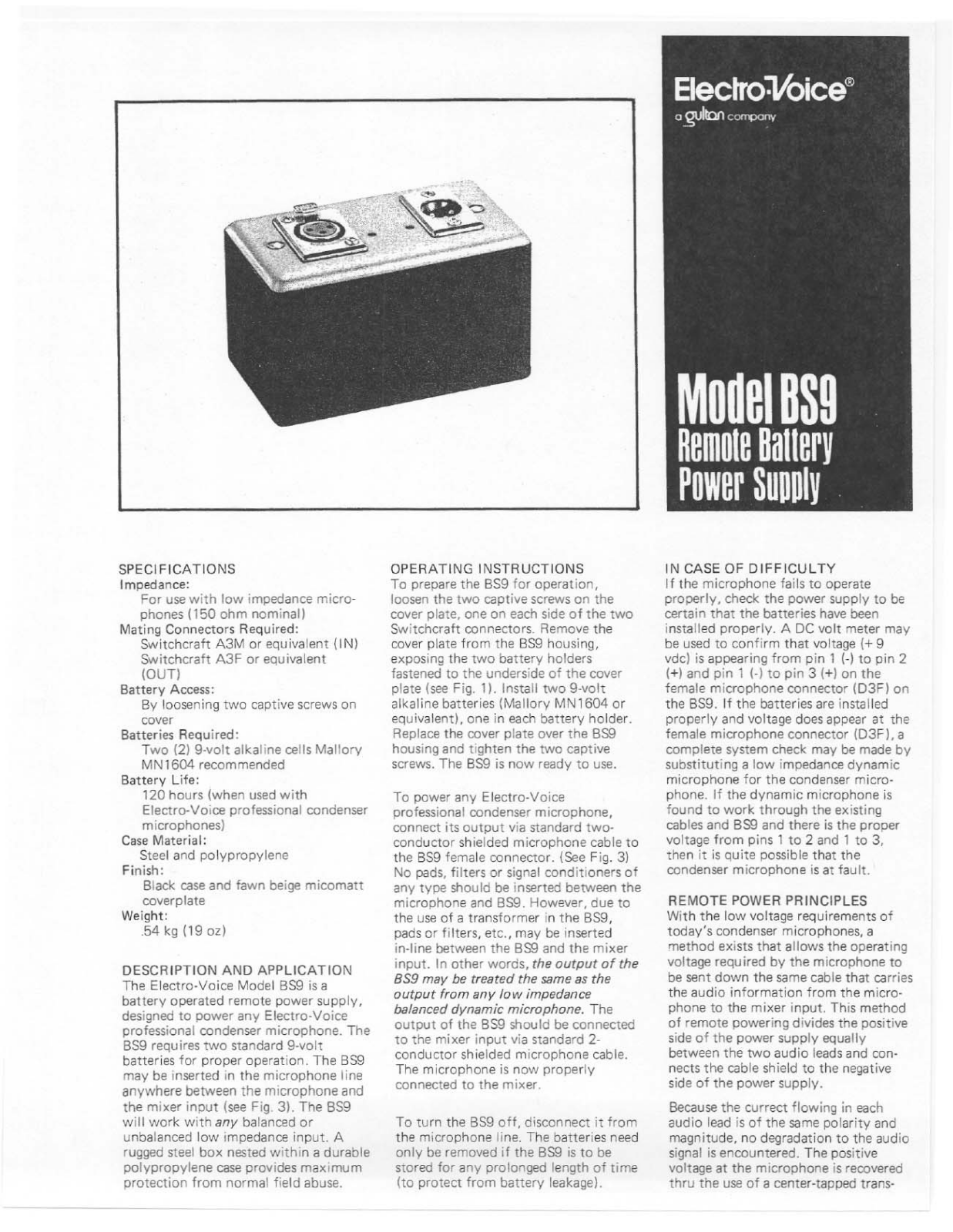 Electro-voice BS9 DATASHEET