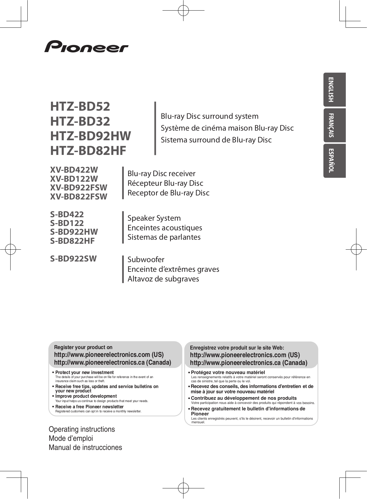 Pioneer HTZ-BD32, HTZ-BD52, HTZ-BD82HW, HTZ-BD92HF Operating Instruction