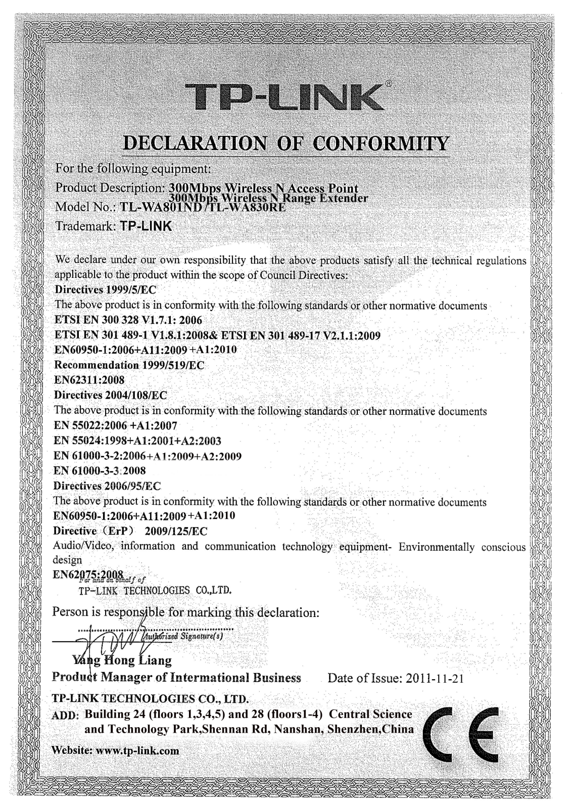 TP-Link TL-WA801ND, TL-WA830RE Declaration of Conformity