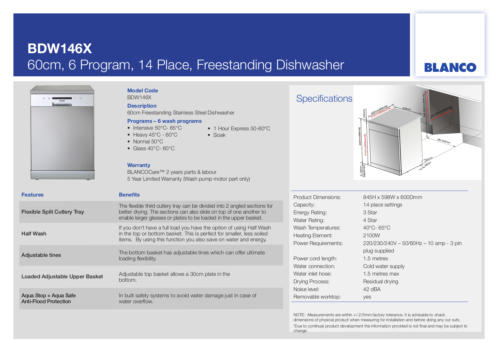 Blanco BDW146X Specifications Sheet