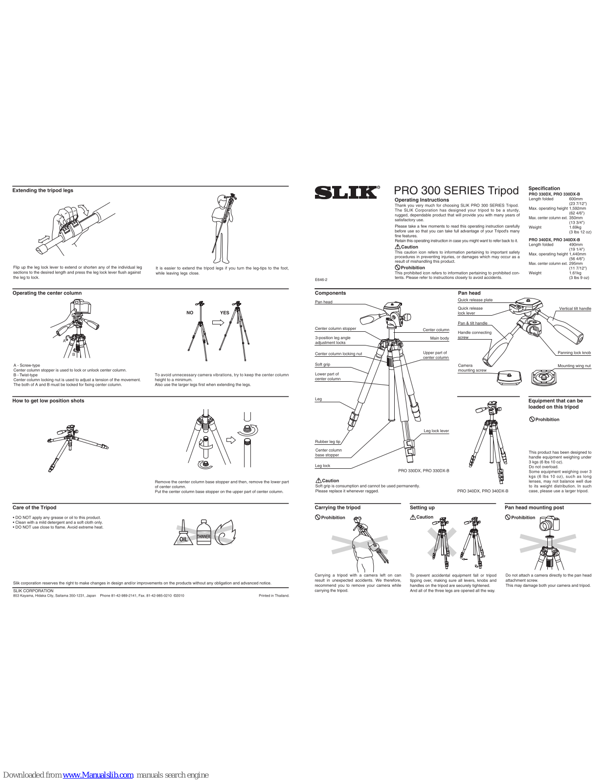 SLIK Pro330DX, Pro 340DX, Pro 340DX-B, Pro 330DX-B, Pro 300 Series Operating Instructions Manual - ManualMachine.com