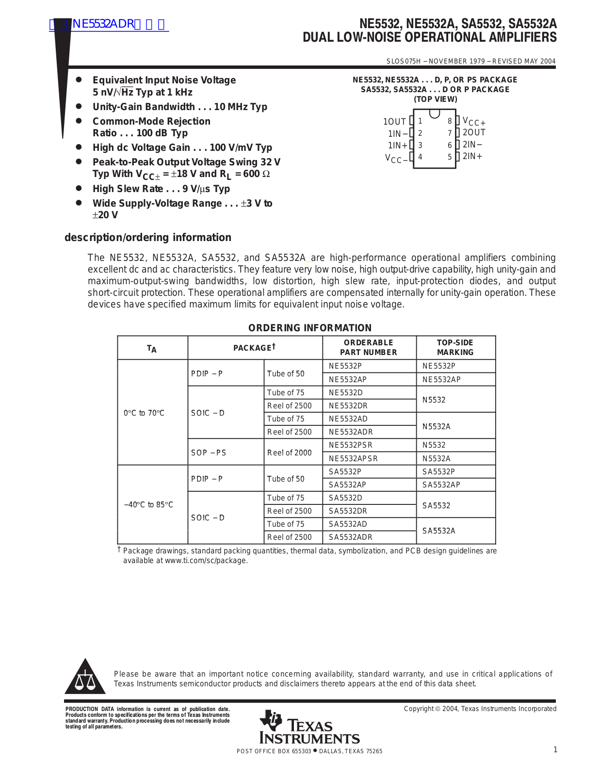 TEXAS INSTRUMENTS NE5532, NE5532A, SA5532, SA5532A Technical data