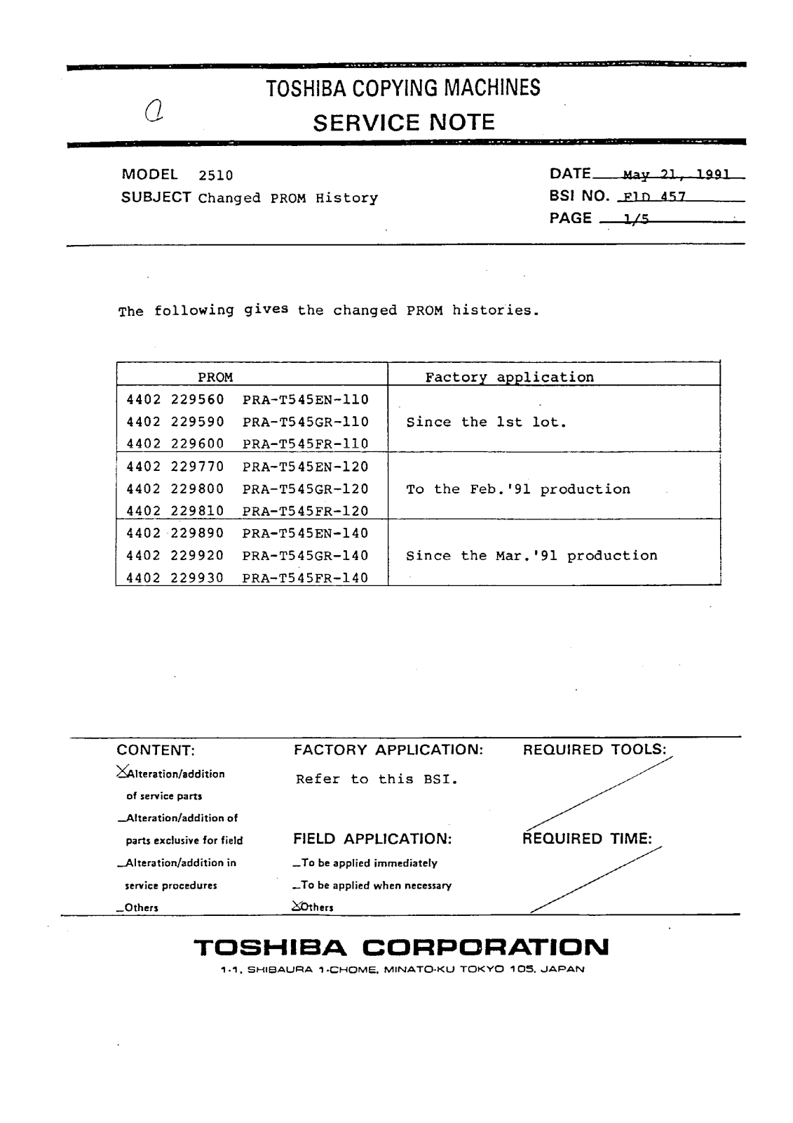 Toshiba f1d457 Service Note