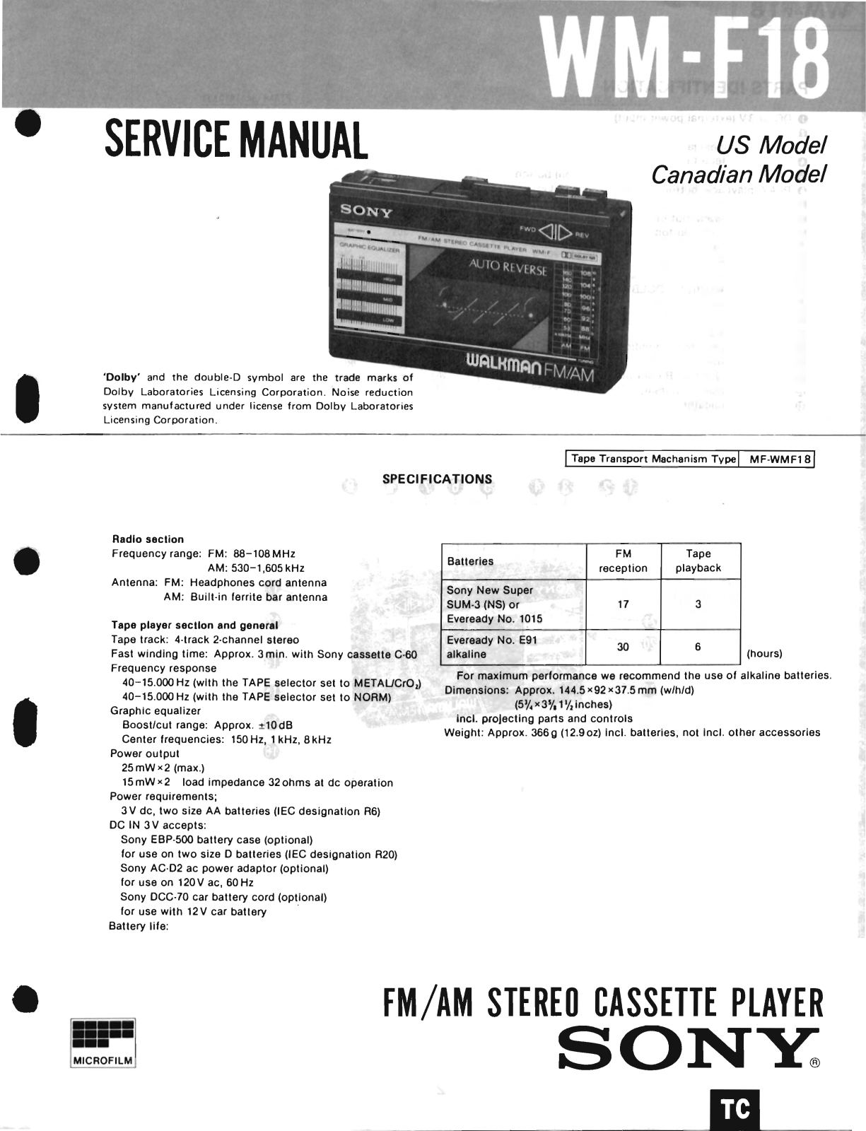 Sony WM-F18 Service Manual