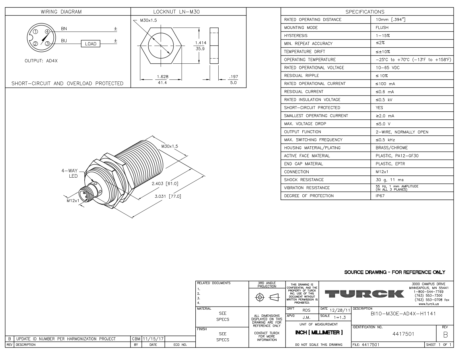 Turck BI10-M30E-AD4X-H1141 Data Sheet