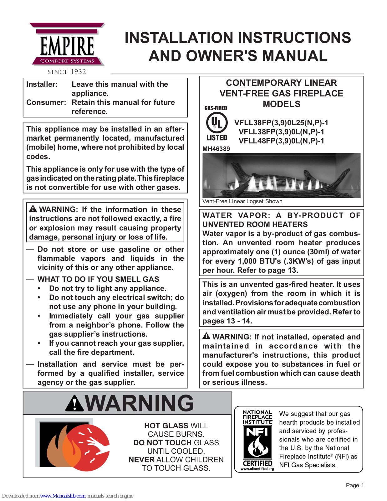 Empire VFLL38FP(3, 9)0L25(N, P)-1, VFLL48FP(3, 9)0L(N Installation Instructions And Owner's Manual