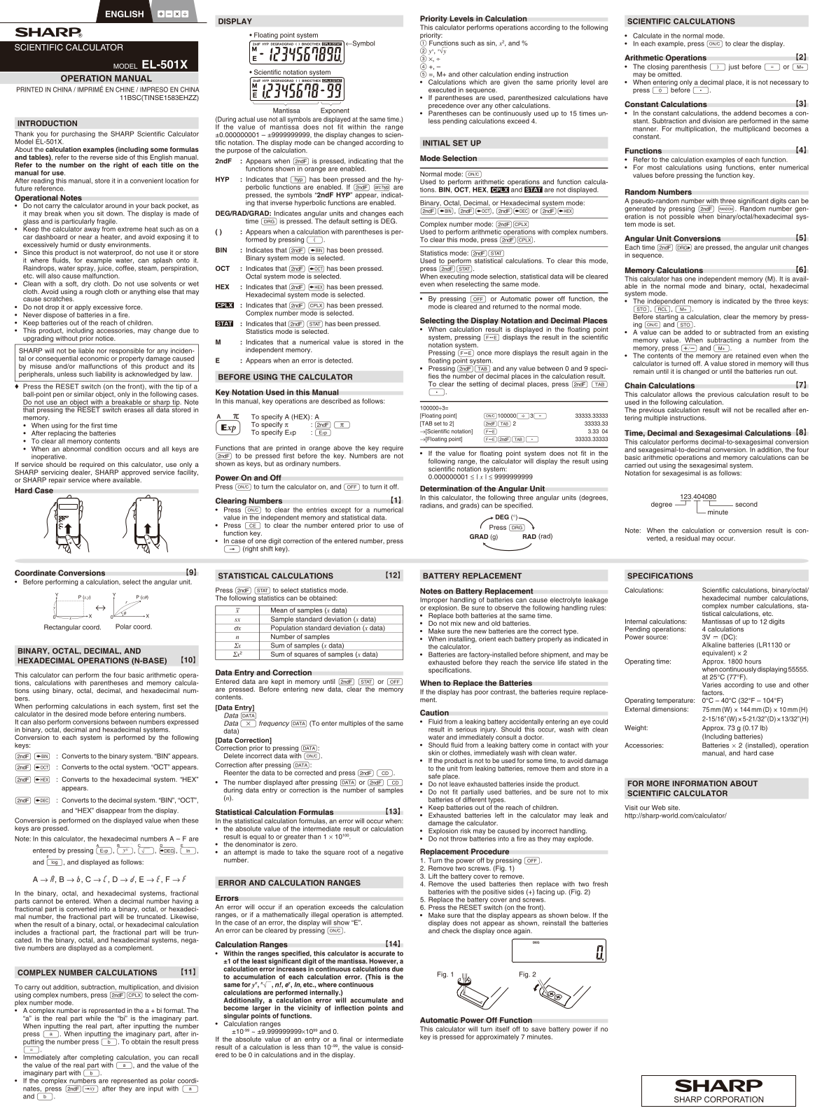 Sharp EL501XBGR, EL-501XBWH, EL-501X User Manual