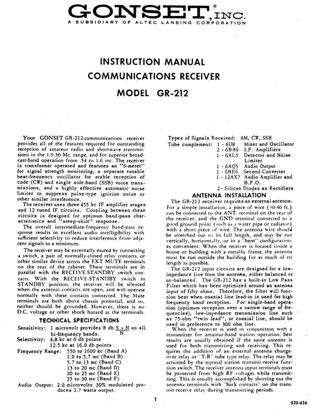 GONSET GR-212 User Manual (PAGE 01)