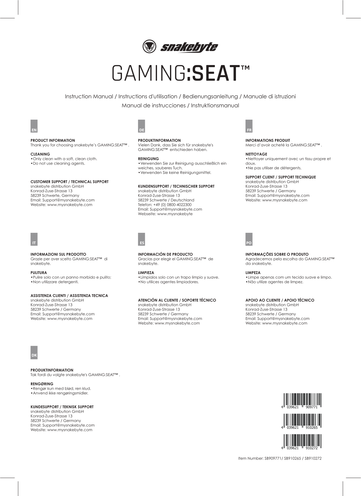 Snakebyte Game:Seat User Guide