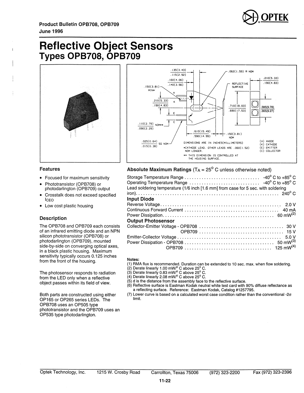 OPTEK OPB708, OPB709 Datasheet