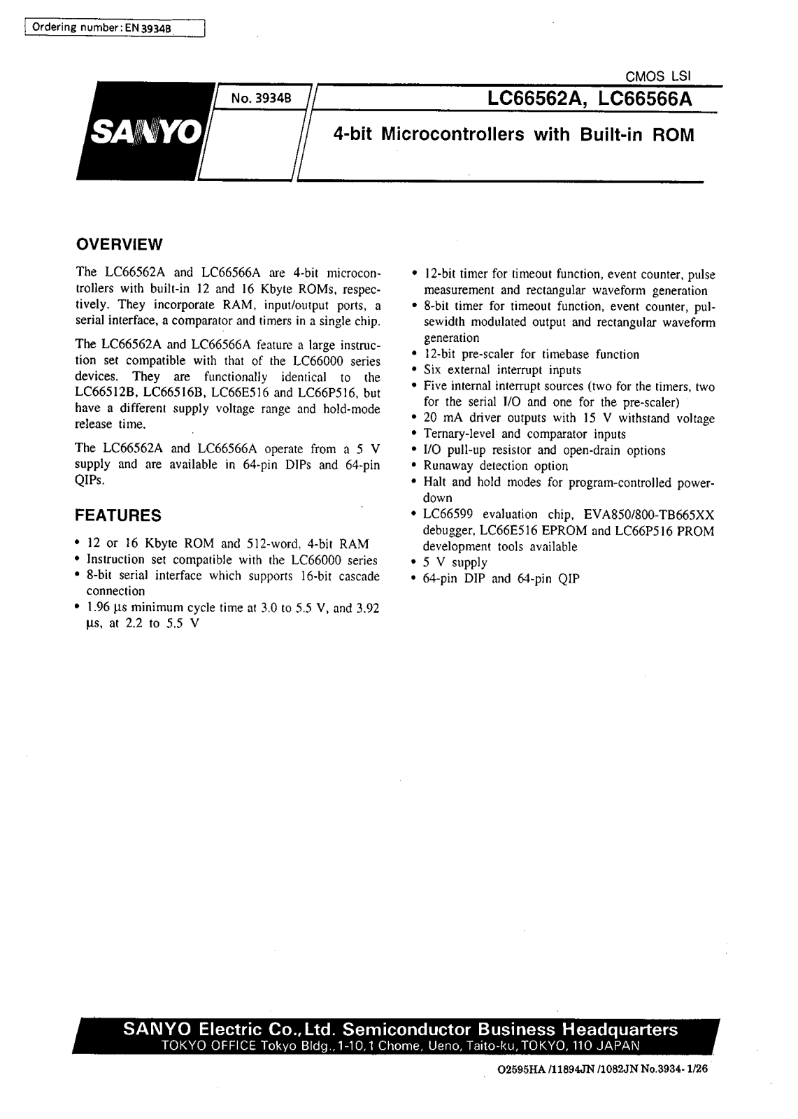 SANYO LC66566A, LC66562A Datasheet