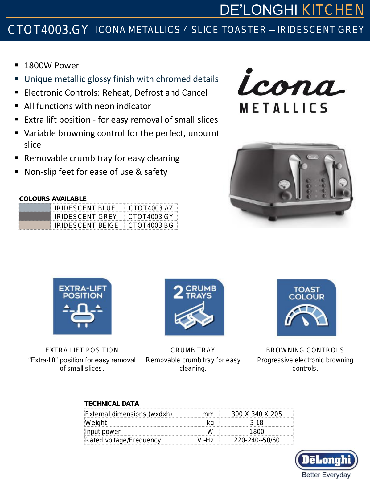 Delonghi CTOT4003GY Specifications Sheet