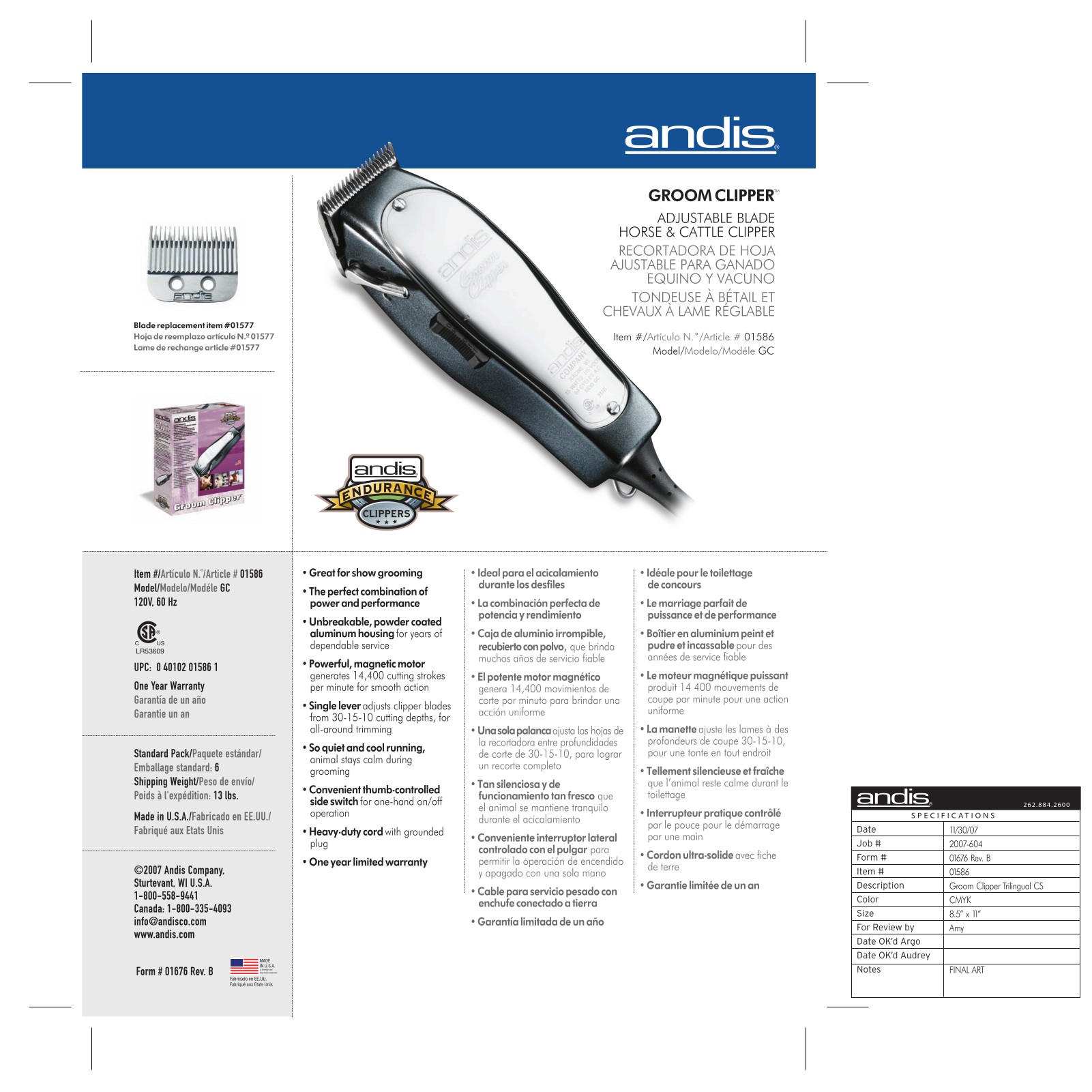 Andis Company Groom Clipper GC User Manual