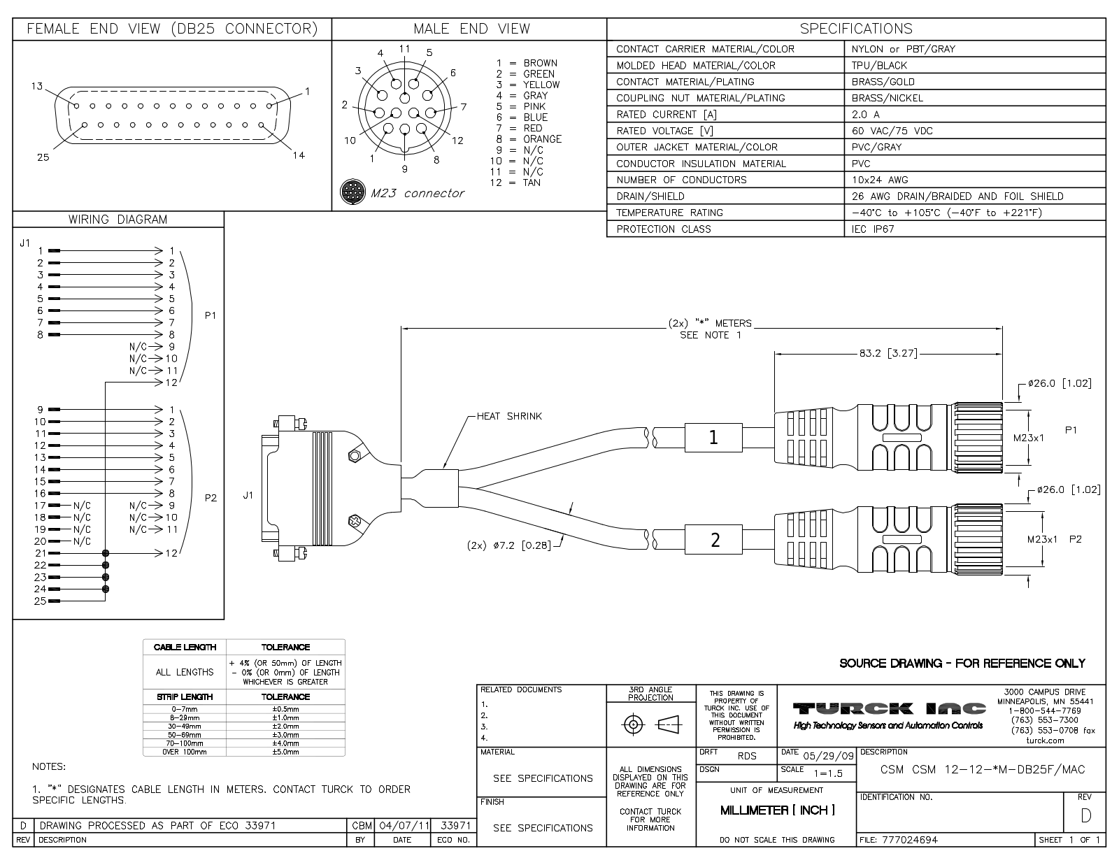 Turck CSMCSM12-12-1M-DB25F/MAC Specification Sheet