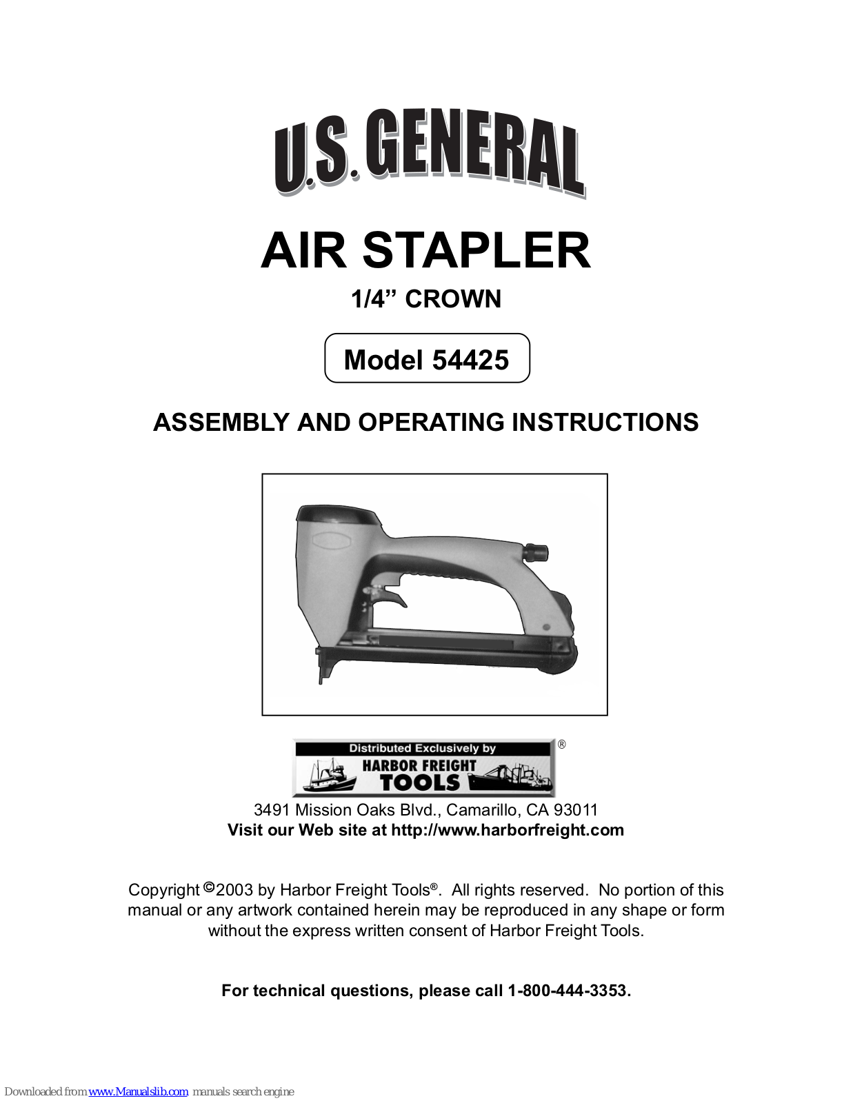 U.S. General 54425 Assembly And Operating Instructions Manual