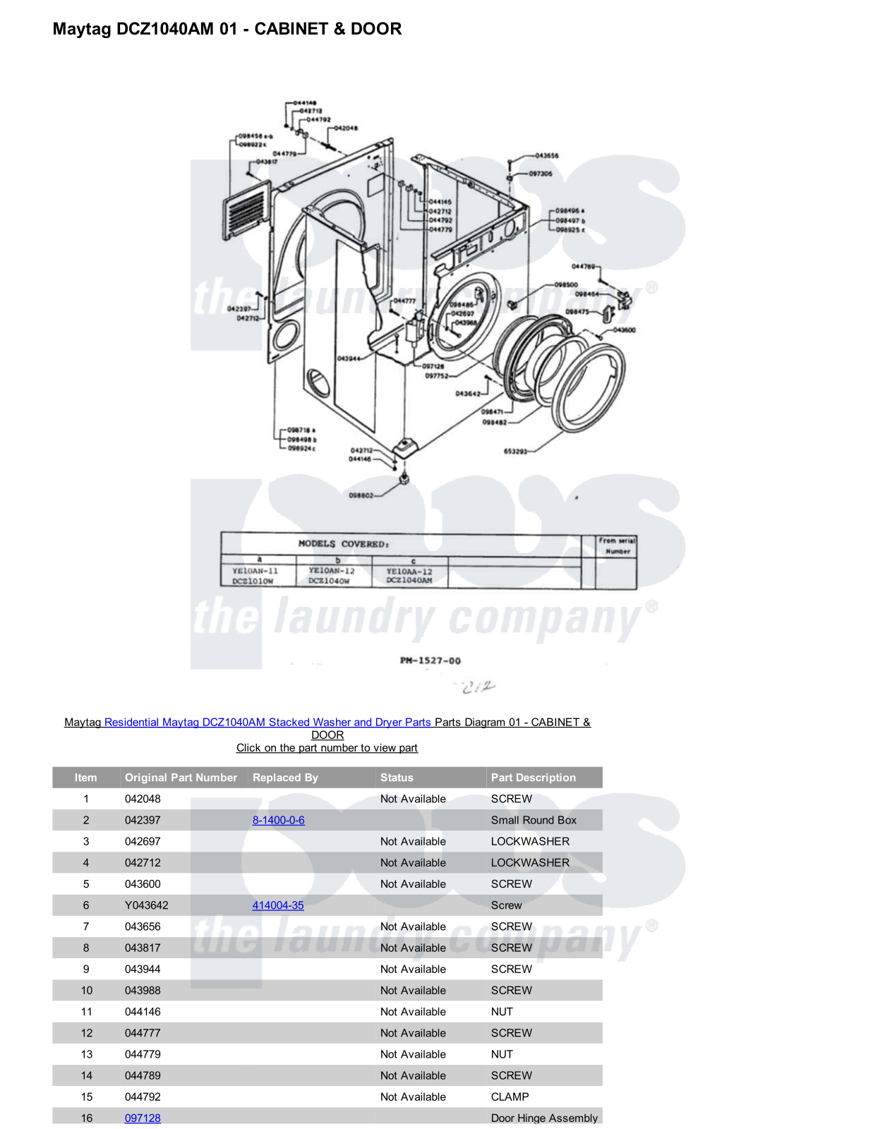 Maytag DCZ1040AM Stacked and Parts Diagram