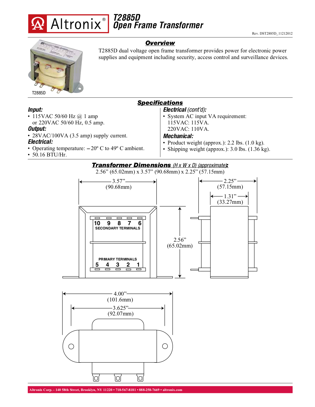 Altronix T2885D Specsheet