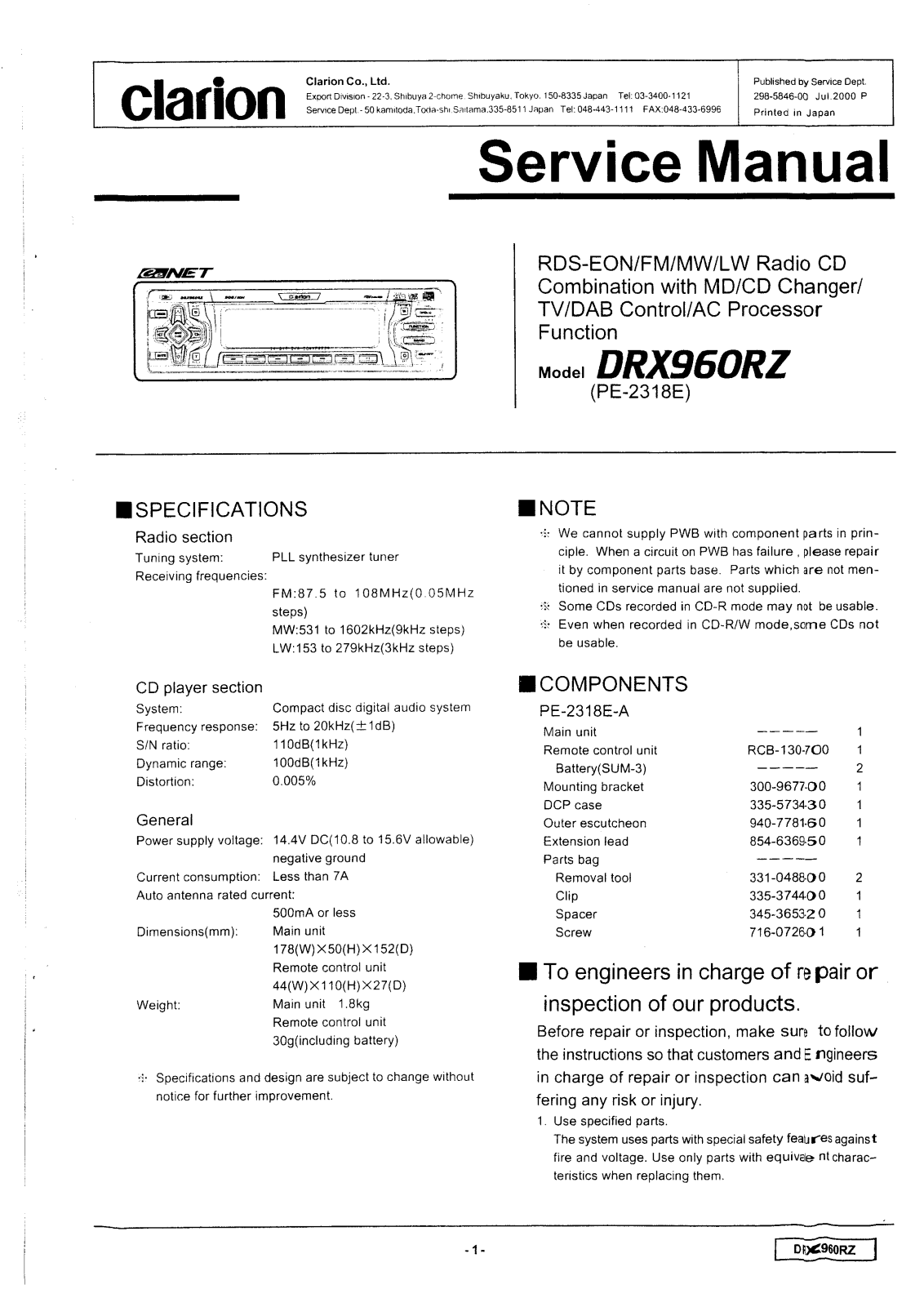 Clarion DRX960RZ Schematic