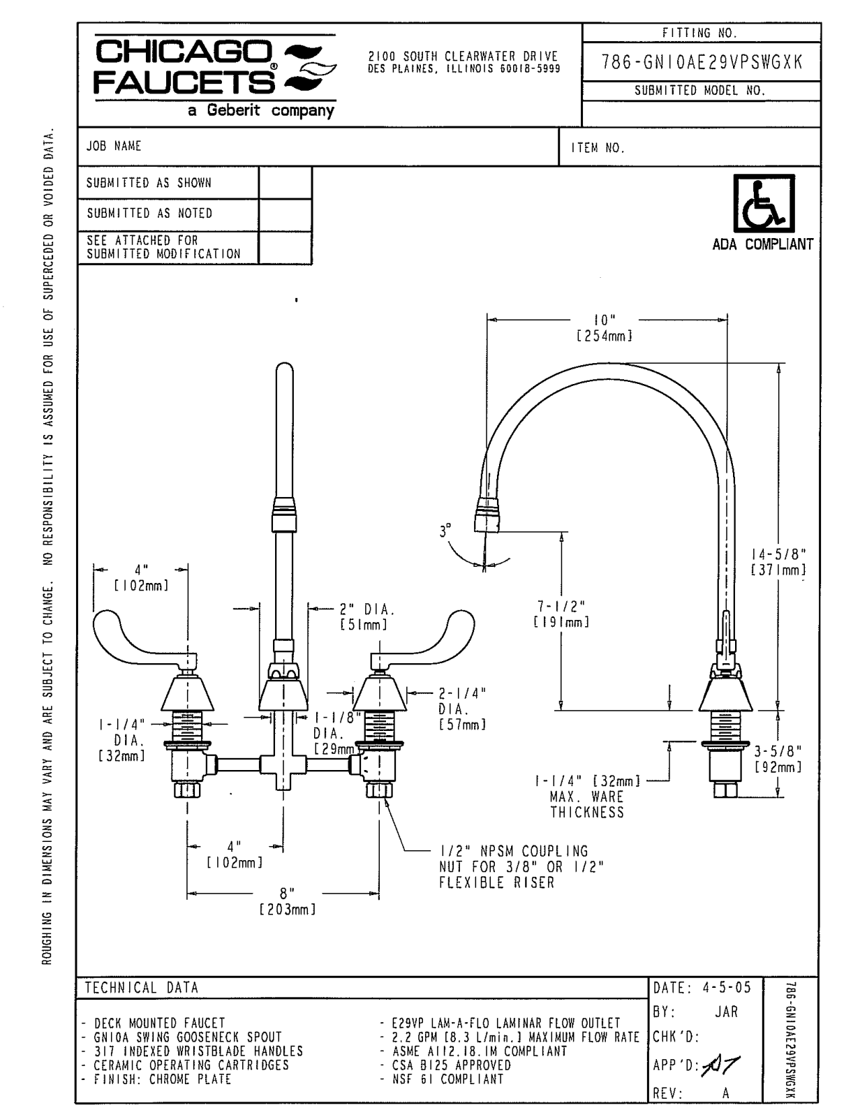 Chicago Faucet 786-GN10AE29VPSWGXK User Manual