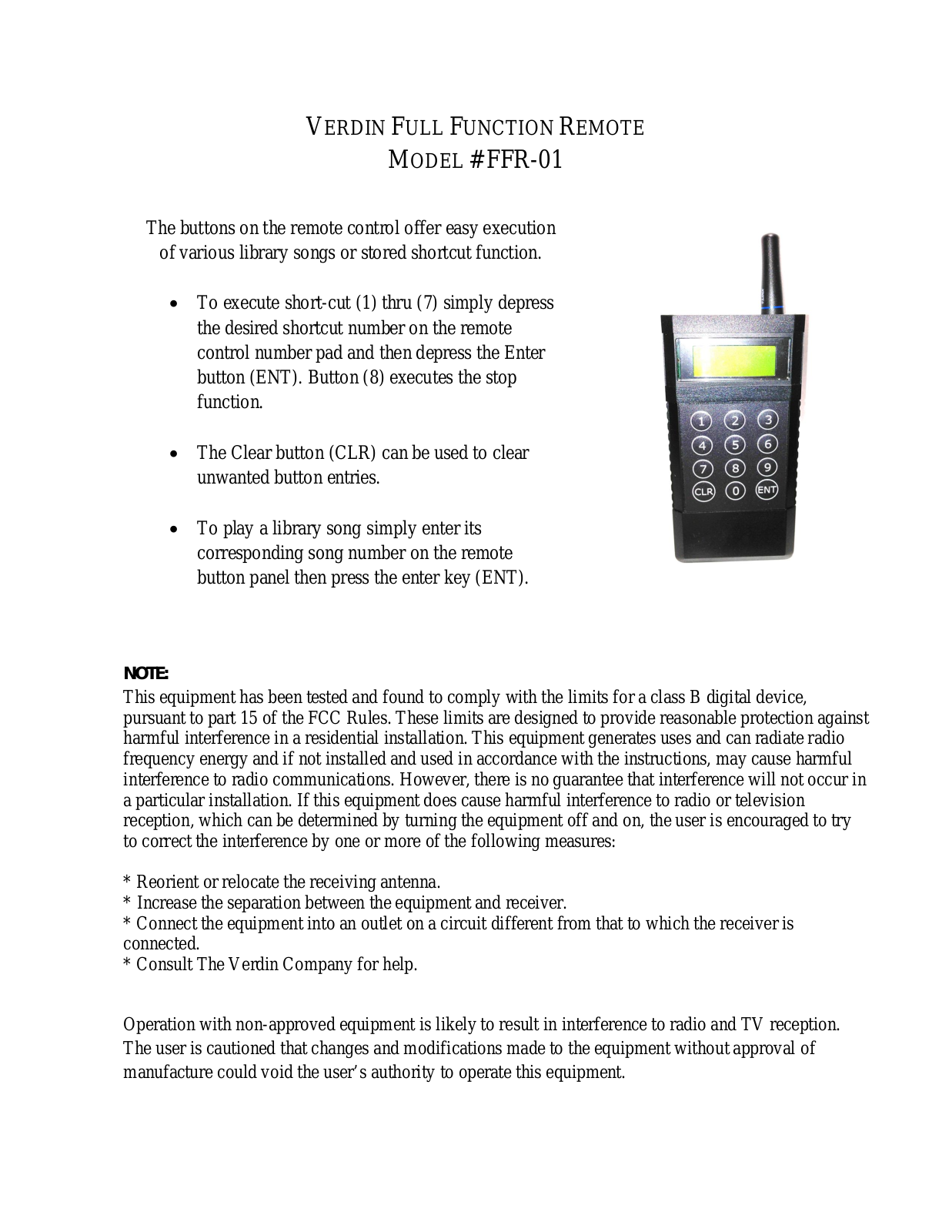 The Verdin FFR 01 User Manual