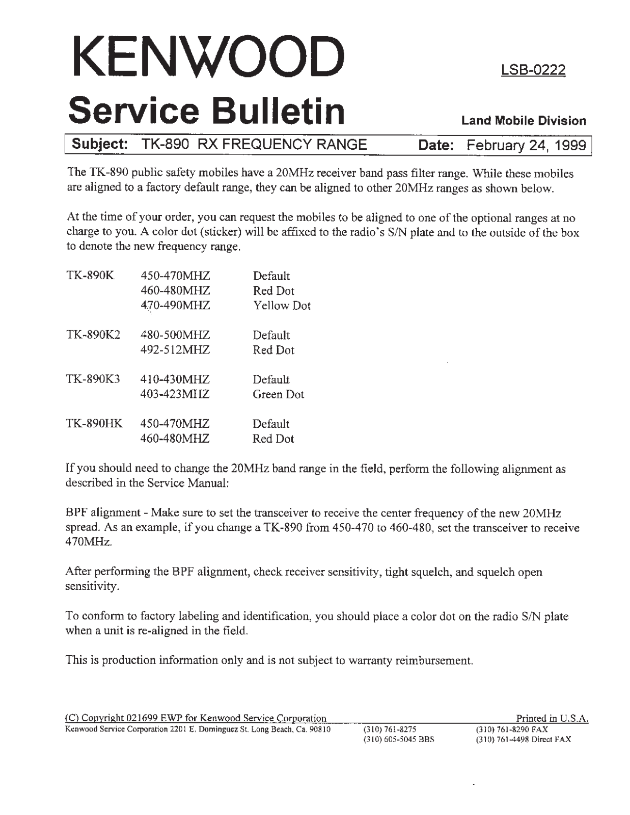 Kenwood Tk-890 Service Bulletin