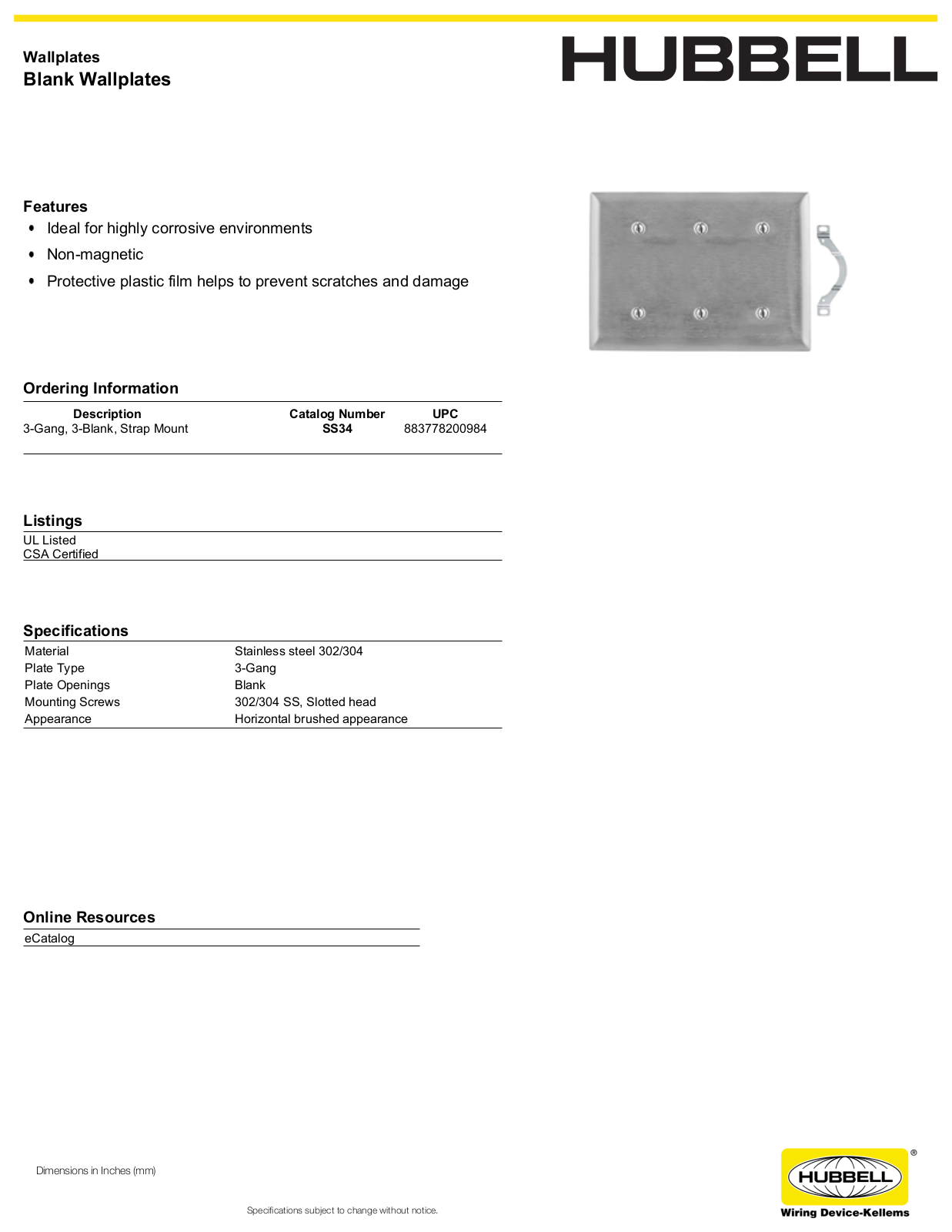 Hubbell SS34 Specifications