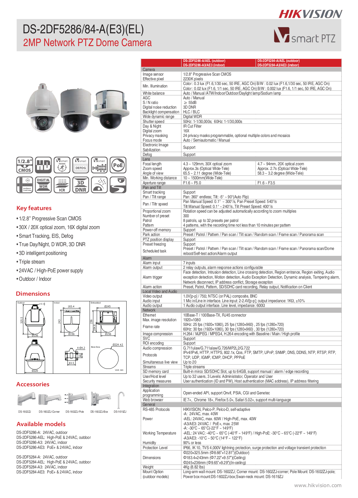 Hikvision DS-2DF5286-AE3, DS-2DF5286-AEL Specsheet
