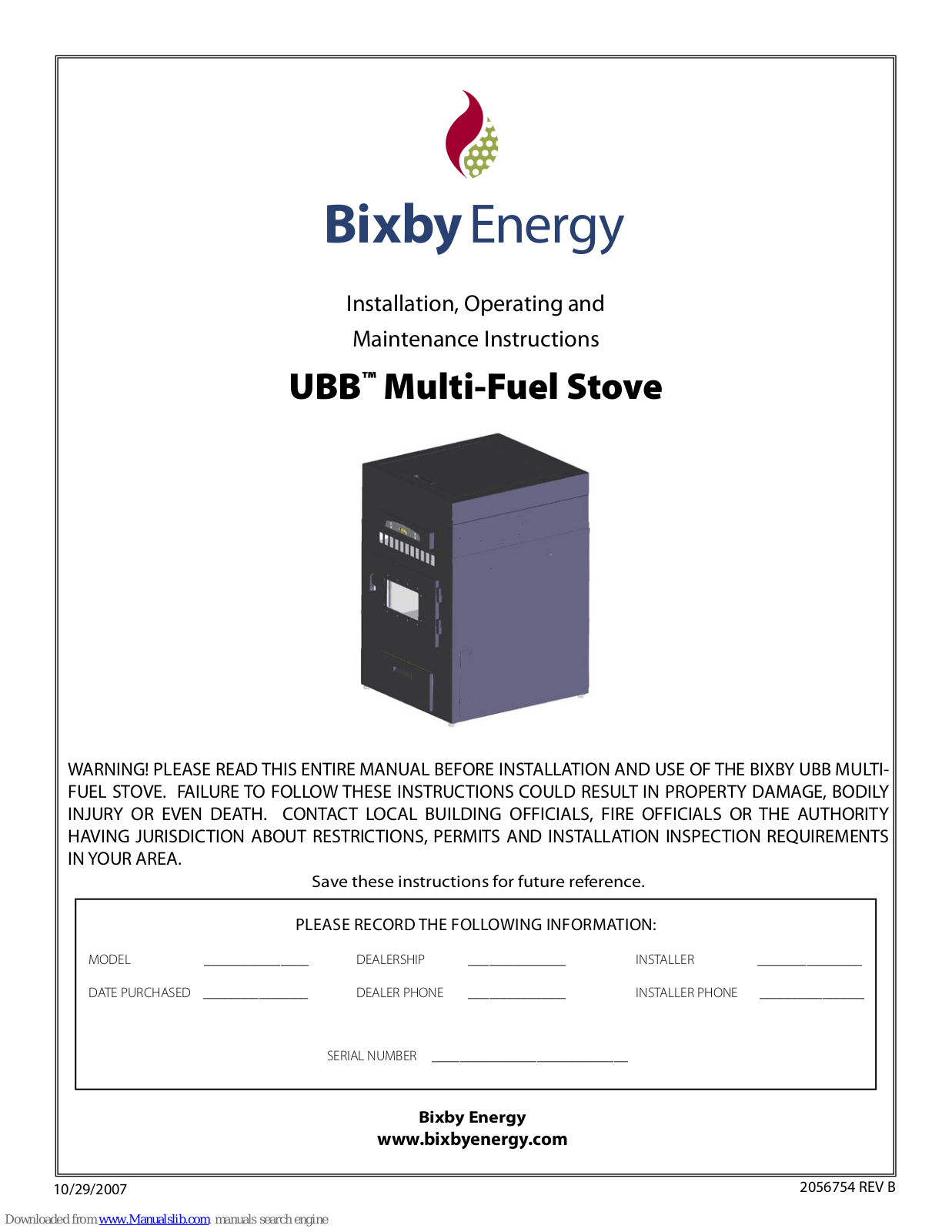 Bixby Energy UBB Multi-fuel stove, UBB Installation, Operating And Maintenance Instructions - ManualMachine.com