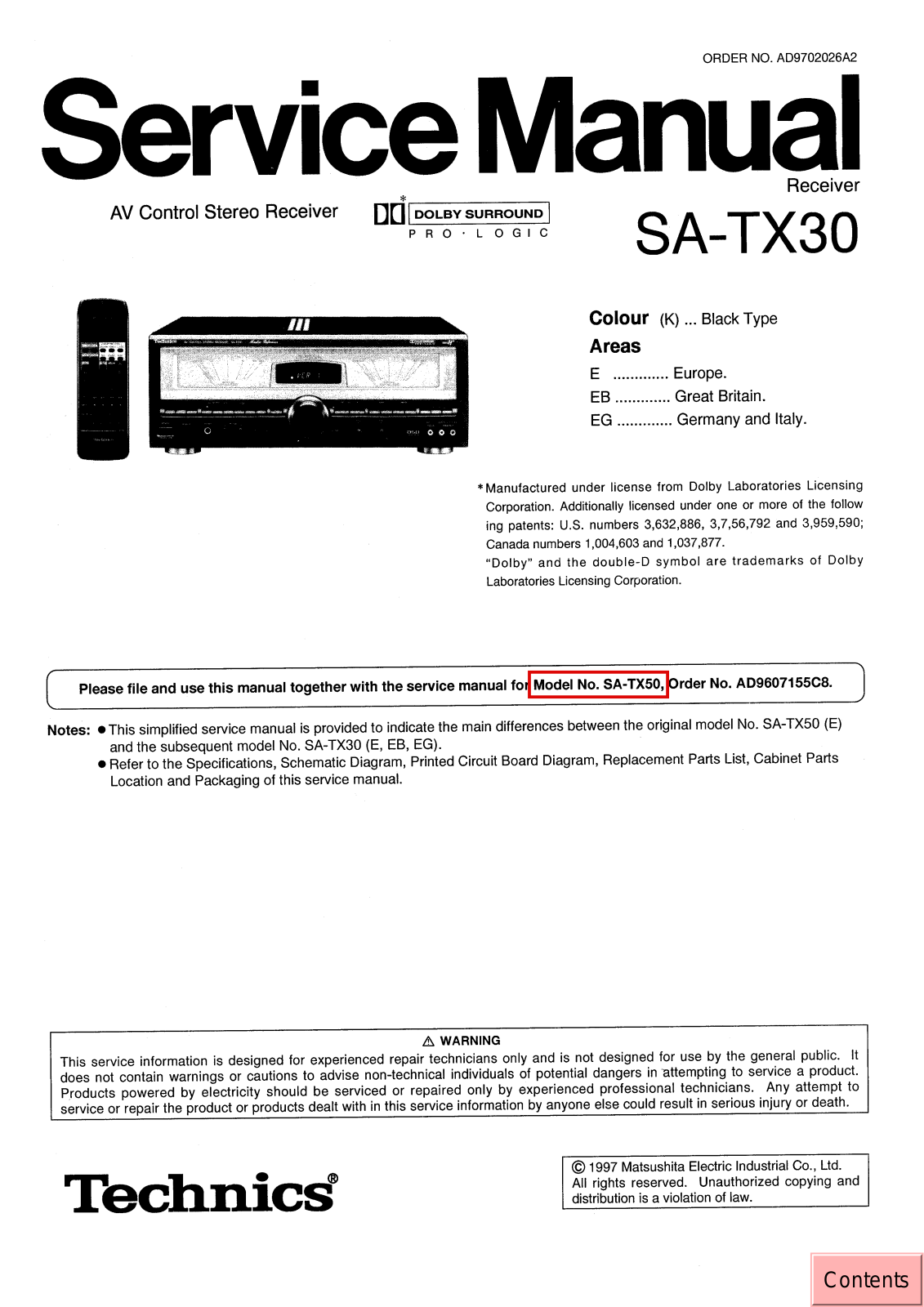 TECHNICS SA-TX30 Service Manual