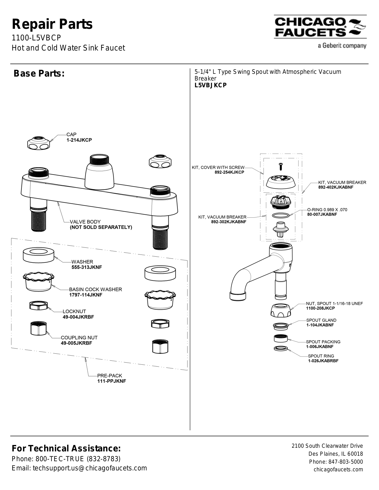 Chicago Faucet 1100-L5VBCP Parts List