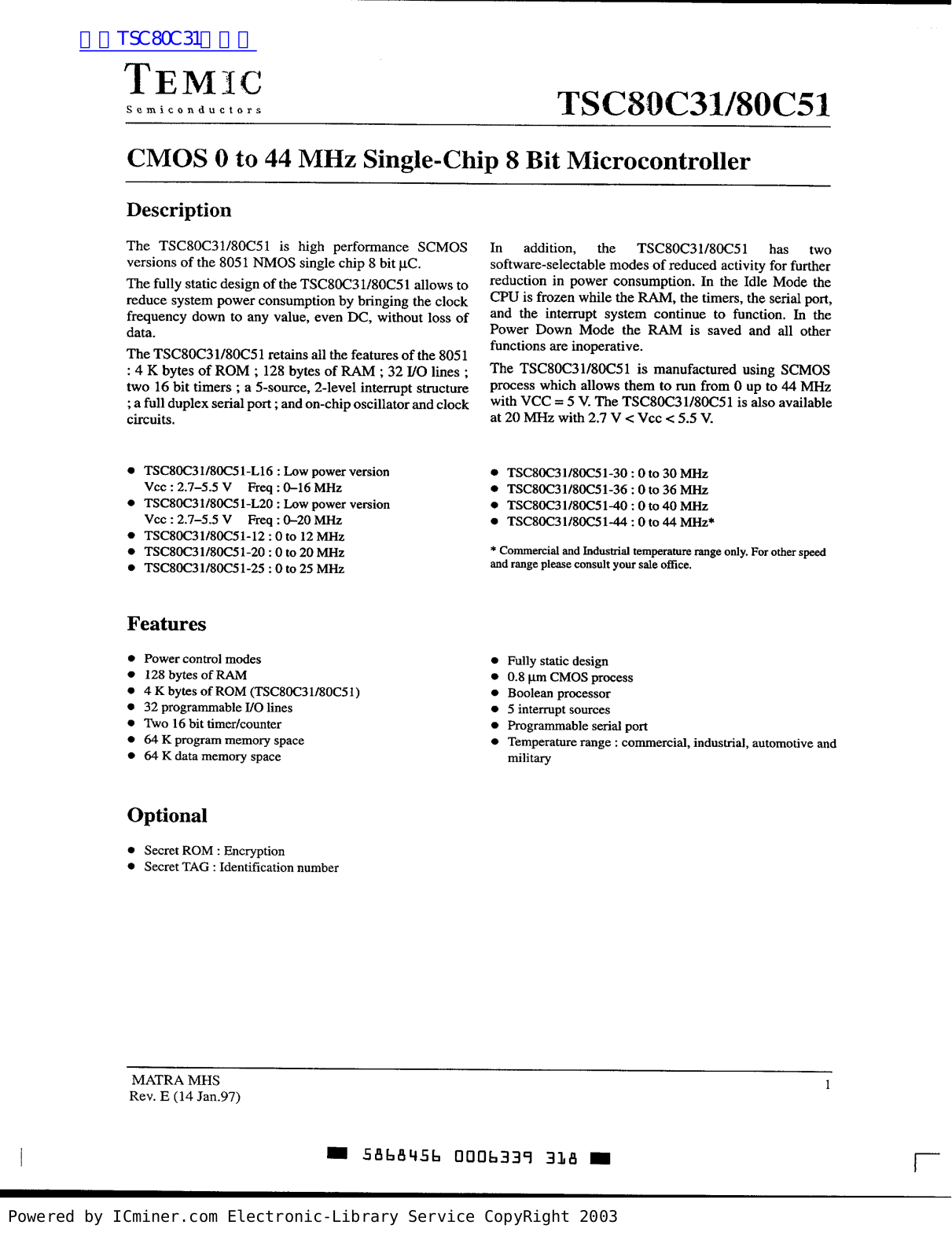 TEMIC TSC80C31, TSC80C51 Technical data