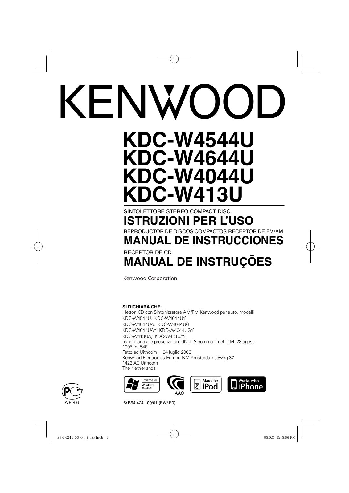 Kenwood KDC-W4544U, KDC-W4644U, KDC-W4044U, KDC-W413U User manual