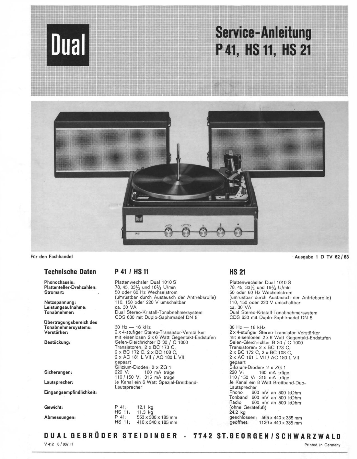 Dual HS-11, HS-21, P-41 Service manual