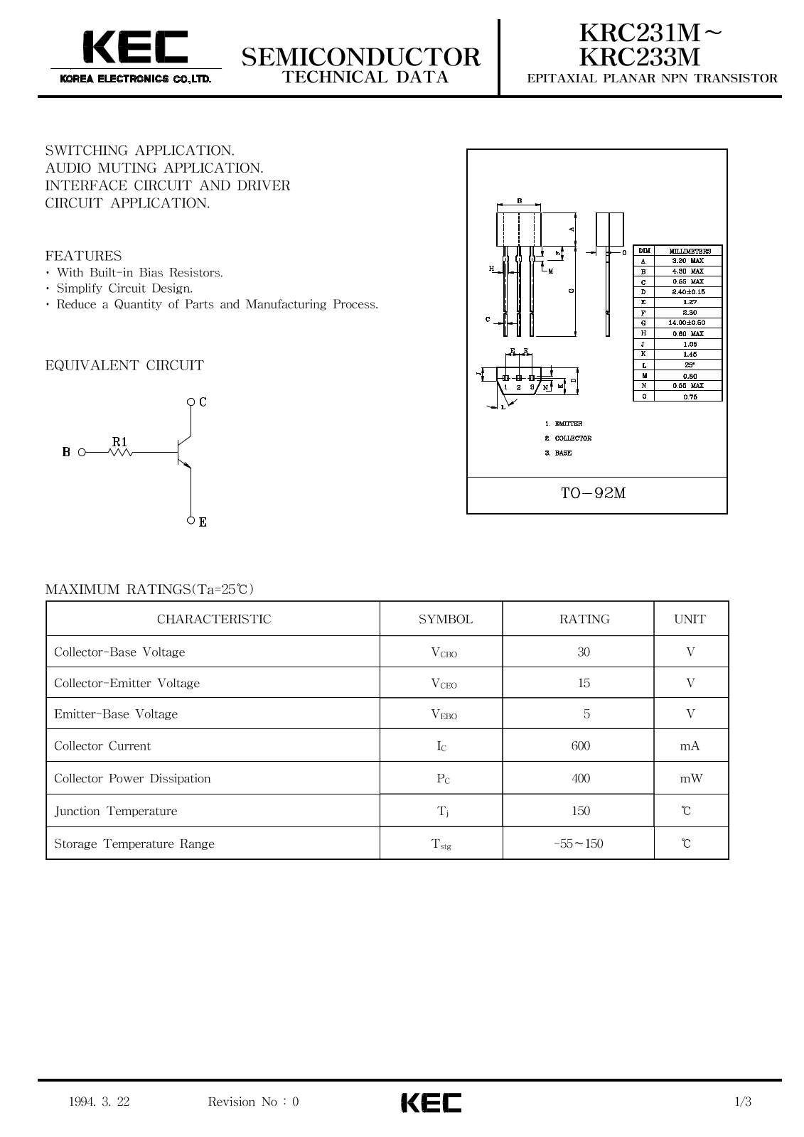 KEC KRC233M, KRC232M, KRC231M Datasheet