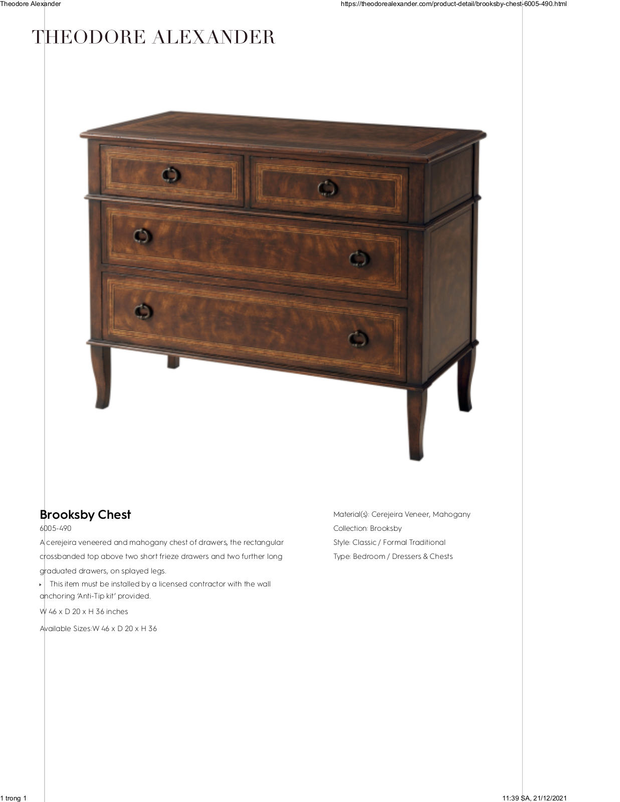 Theodore Alexander FPLJ2105 Specifications - ManualMachine.com