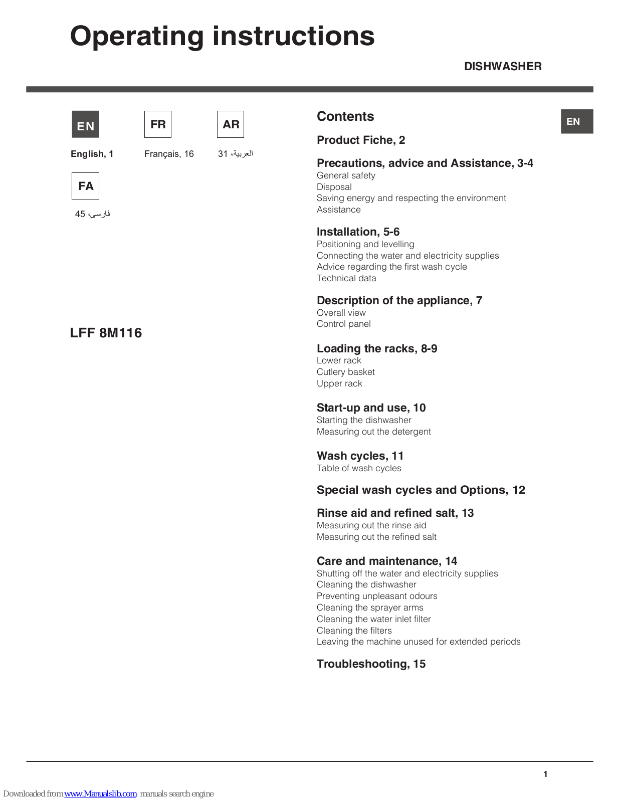 Hotpoint LFF 8M116 Operating Instructions Manual