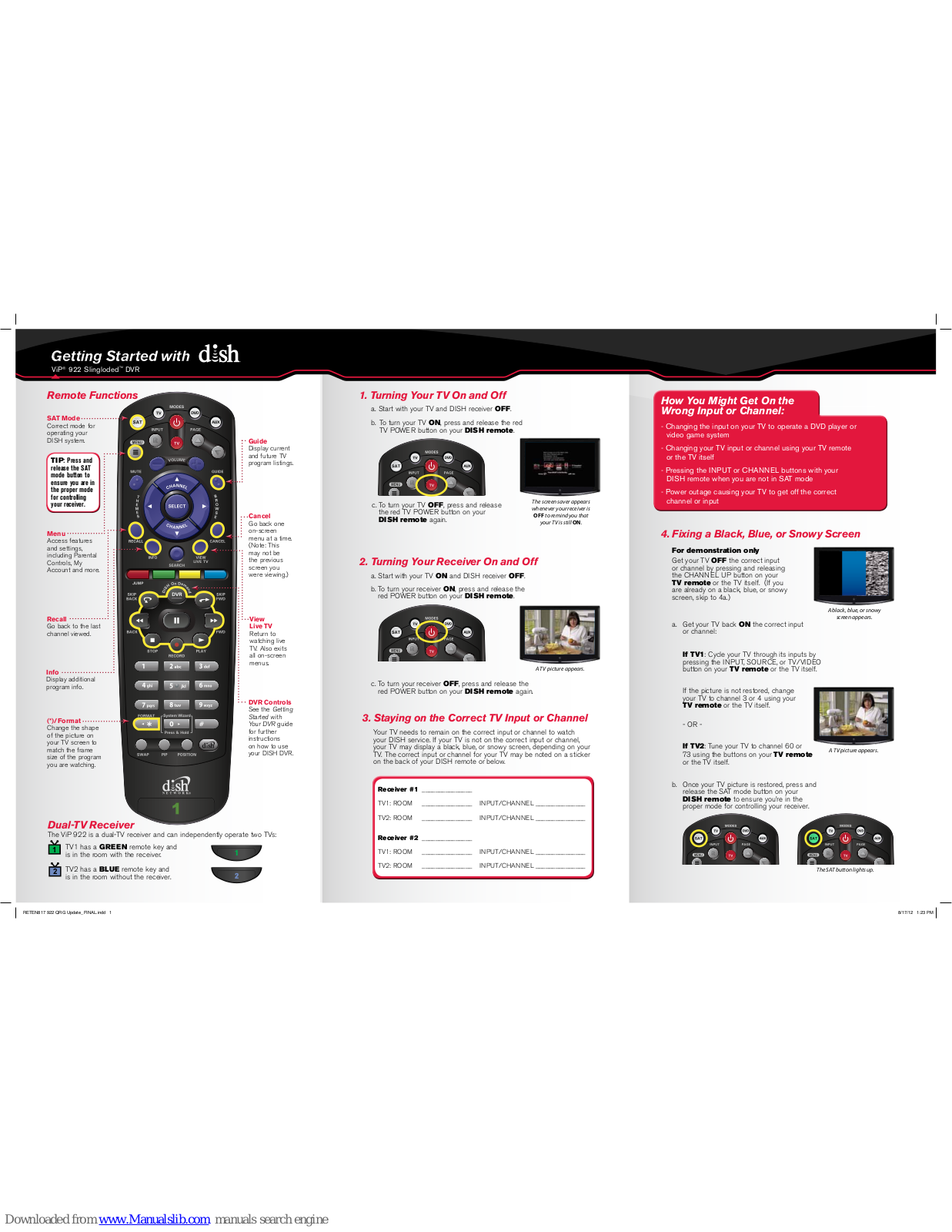 Dish Network ViP 922 Slingloded DVR Getting Started - ManualMachine.com