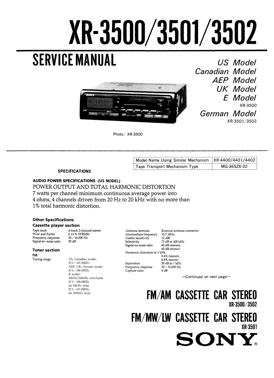 Sony XR-3500, XR-3501, XR-3502 Service Manual