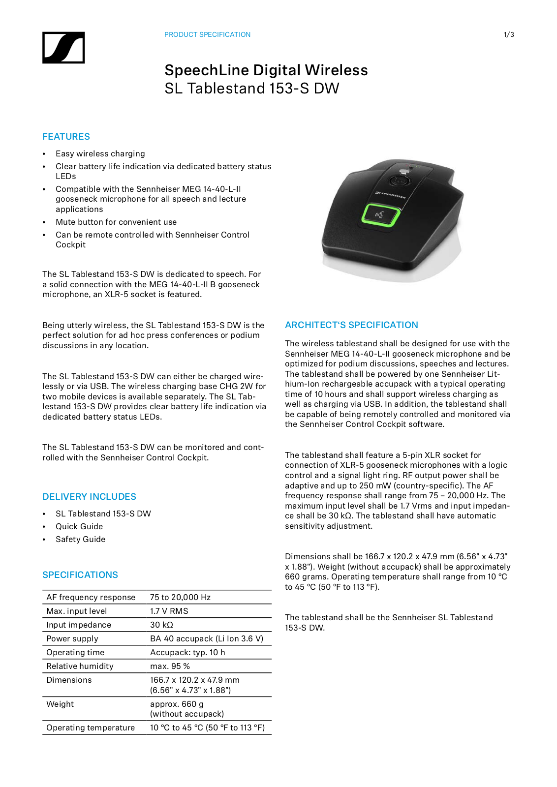 Sennheiser SL TABLESTAND 153-S DW-4 B Specifications