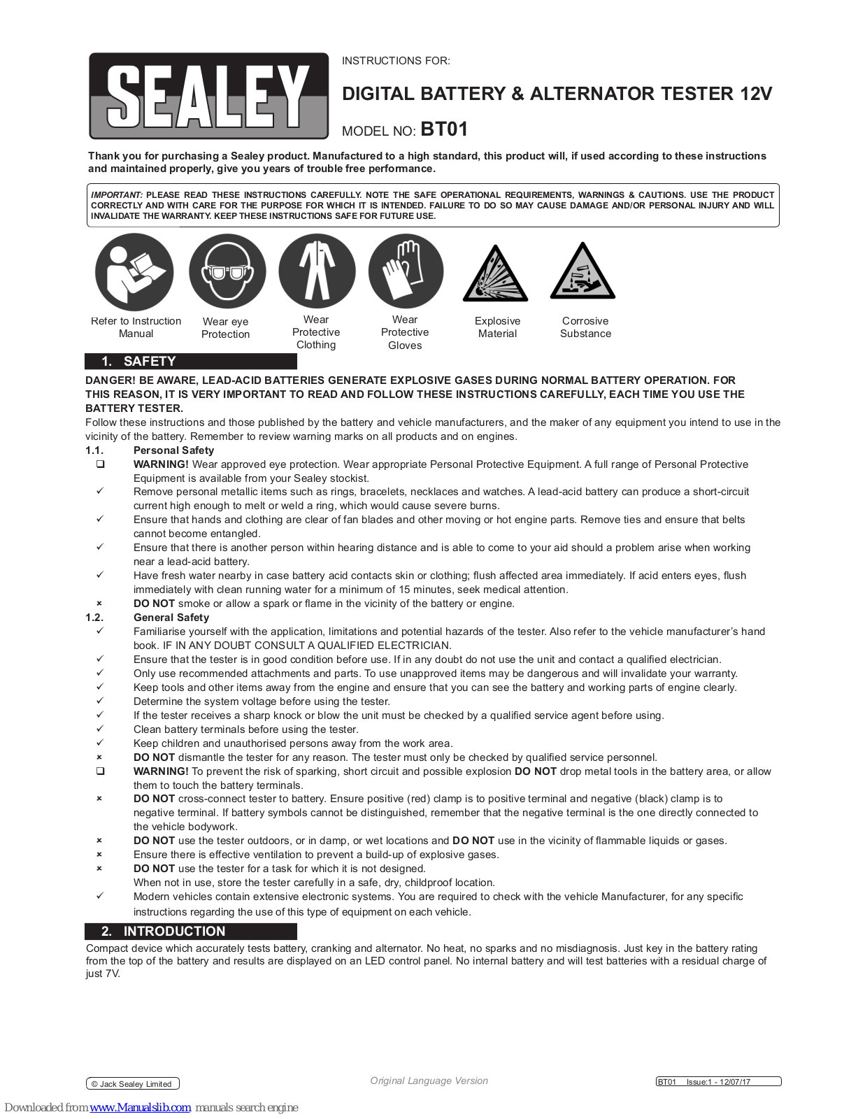 Sealey BT01 Instructions Manual