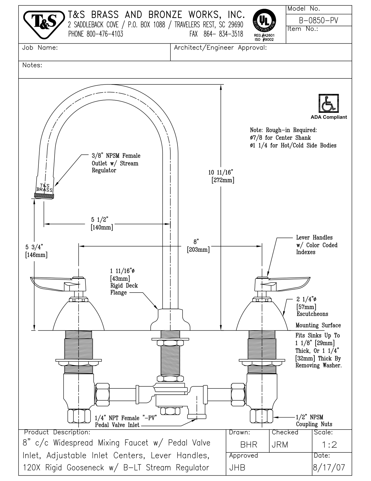 T&S Brass B-0850-PV User Manual