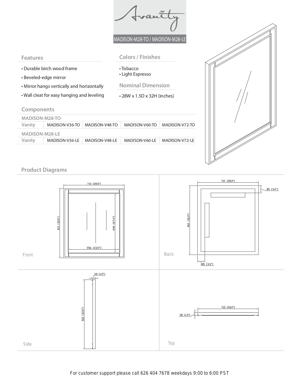 Avanity MADISONM28TO Specifications