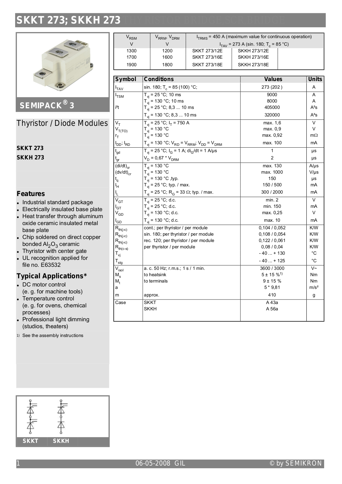 Semikron SKKT 273, SKKH 273 Data Sheet