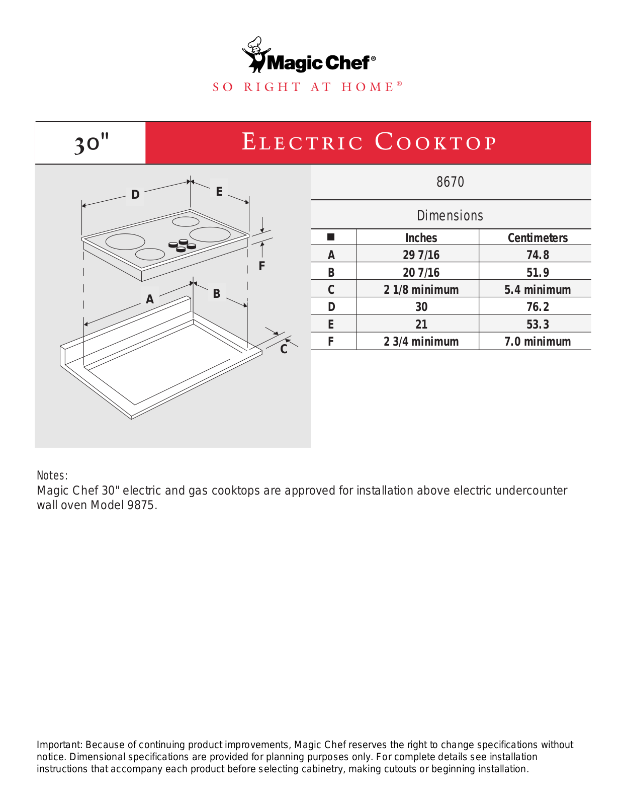 Magic Chef 8670 Dimension Guide