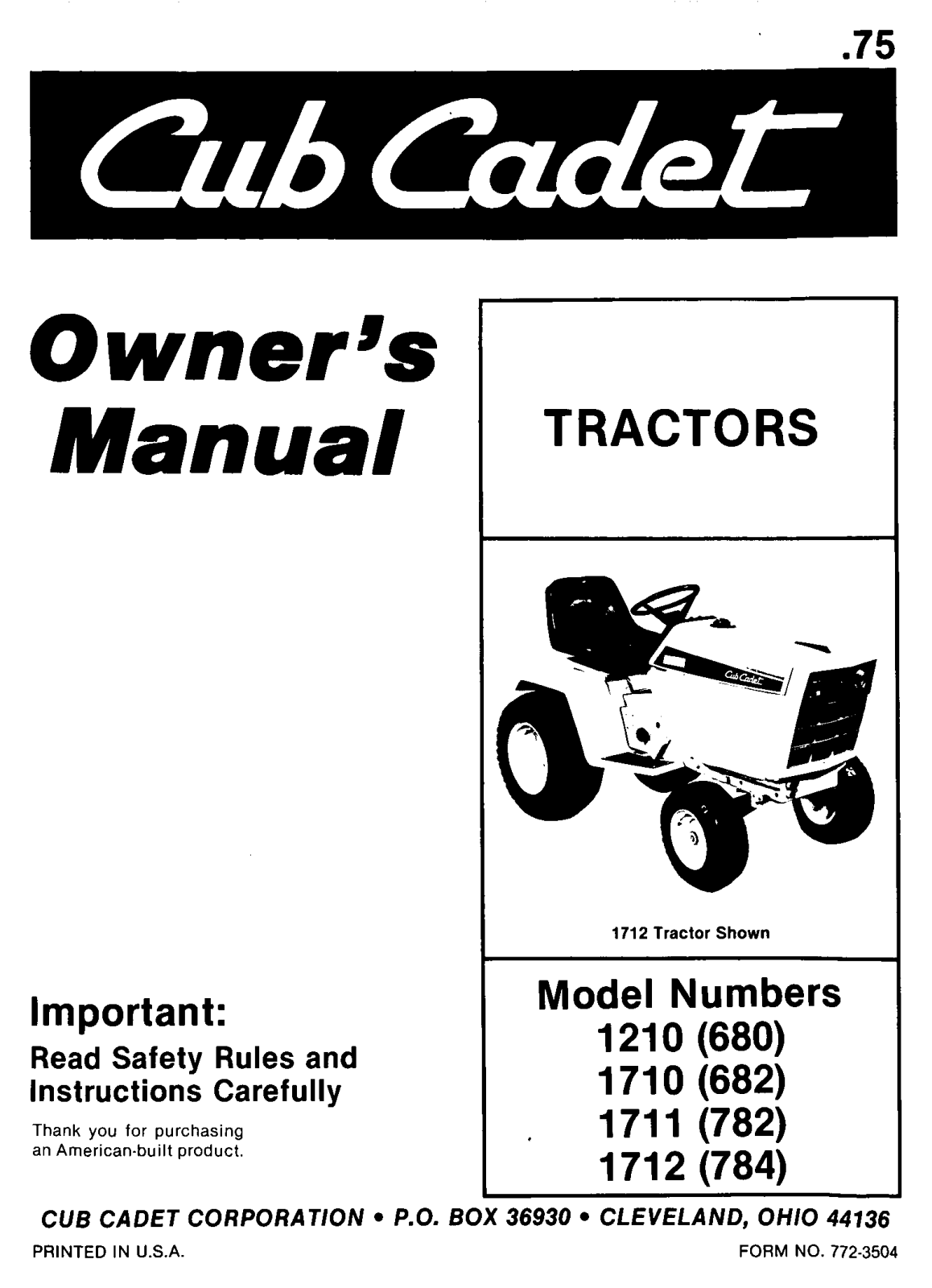 Cub Cadet Lawn Mower 1210, Lawn Mower 1711, Lawn Mower 1710, Lawn Mower 1712 User Manual