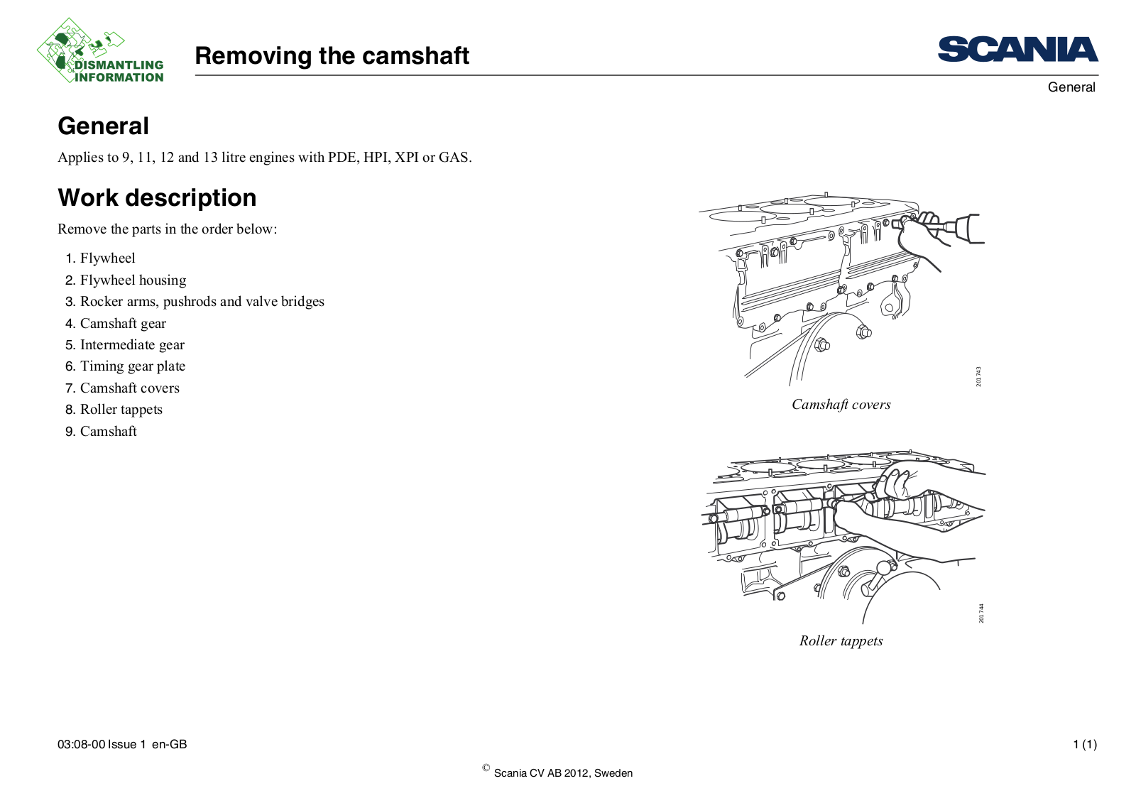 Scania Removing the camshaft Service Manual